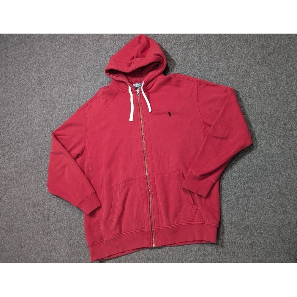 Vintage Polo Ralph Lauren Hoodie Mens Red 2XLT Tall Full Zip‎ Grunge Workwear